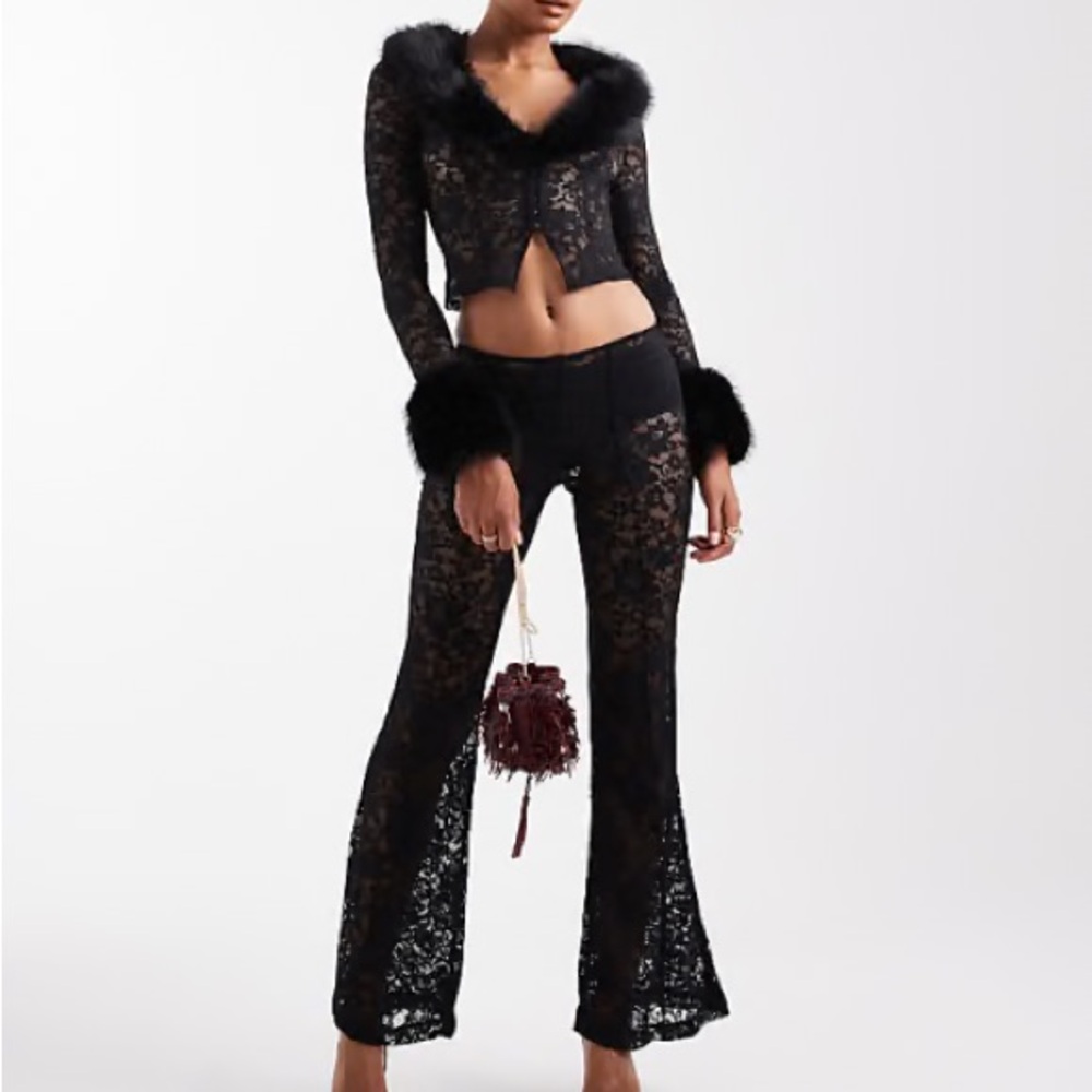 Black Lace Flare Pant set - Feminine Sheer Trouser set